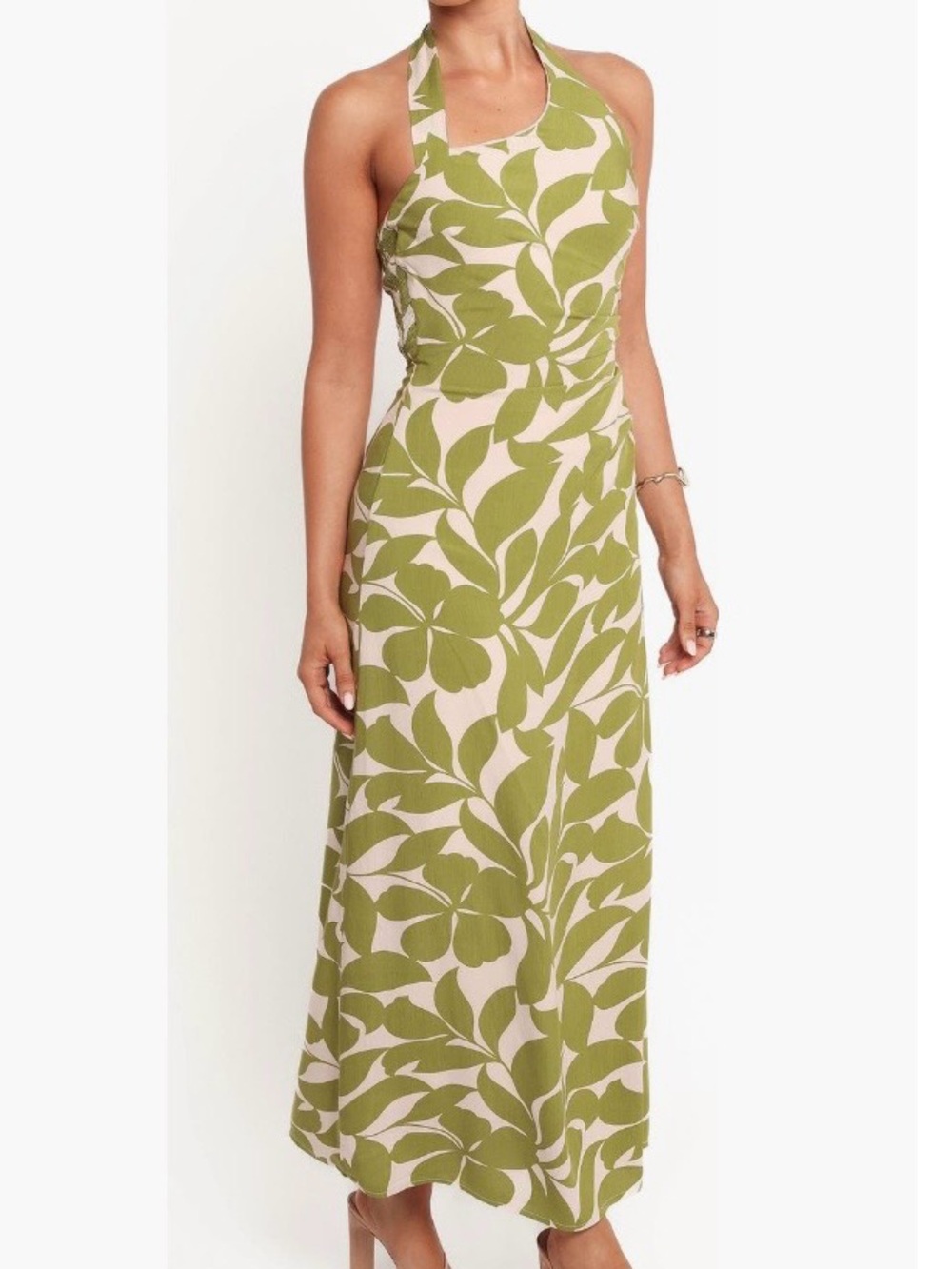 Petal & Pup Women's Green Leaf Halter Open Back Smocked Maxi Dress Size L NEW